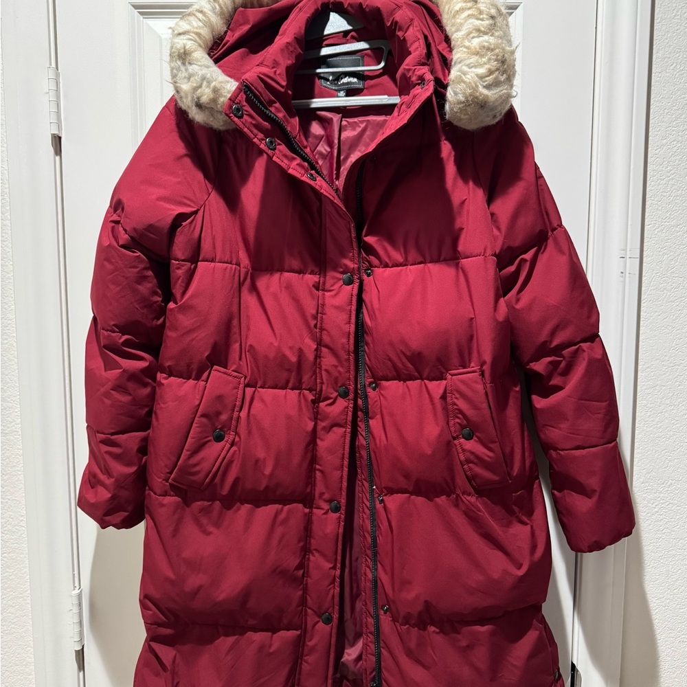 Sam Edelman Deep Red Hooded Puffer Coat with Faux Fur Trim - Size M